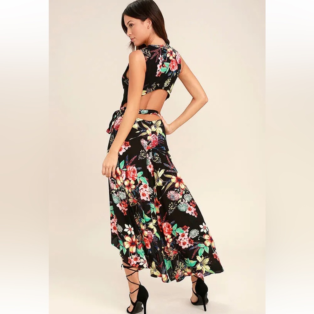 Lulus Something to Believe In Black Floral Print Wrap Dress